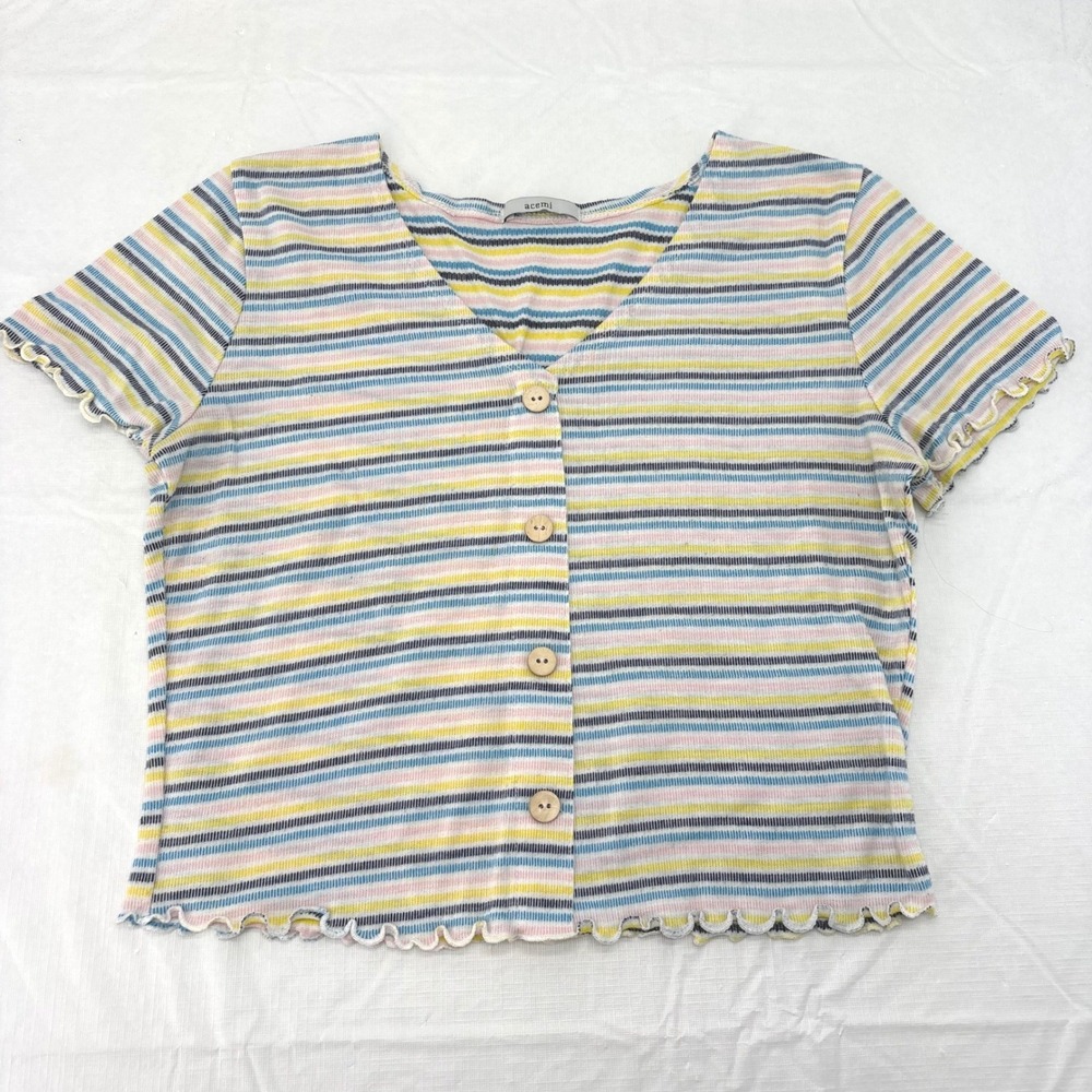 acemi Womens Multicolor Striped Ribbed V-Neck Button Front Lettuce Edge Top 18in
